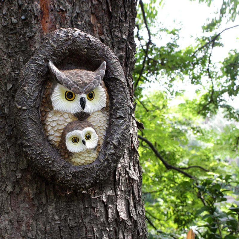 Charming mother and child owl resin ornament for hanging in British gardens and outdoor spaces