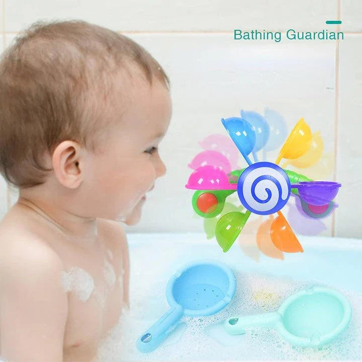 Colourful children's water wheel bath toy with spinning rainbow-coloured waterwheels