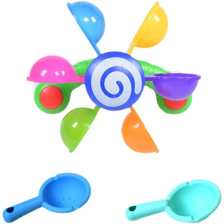 Colourful children's water wheel bath toy with spinning rainbow-coloured waterwheels