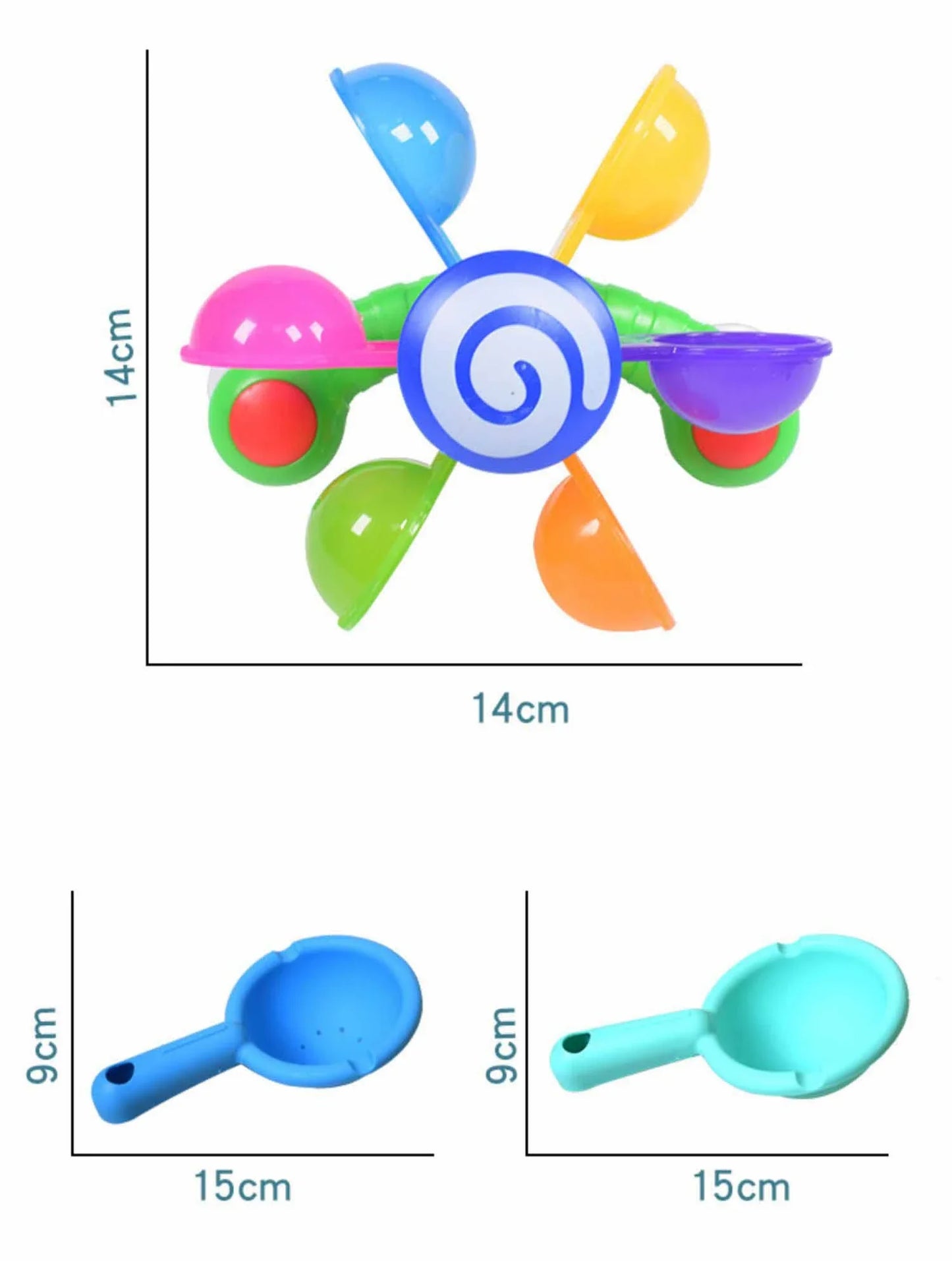 Colourful children's water wheel bath toy with spinning rainbow-coloured waterwheels