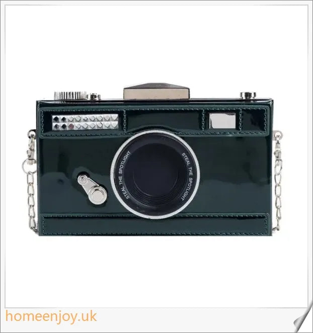 Camera Shaped Leather Glossy Single Shoulder Crossbody Bag in various colours, including red, green, black, silver, and coffee