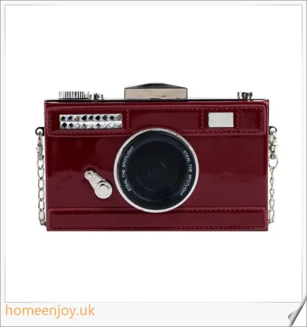 Camera Shaped Leather Glossy Single Shoulder Crossbody Bag in various colours, including red, green, black, silver, and coffee