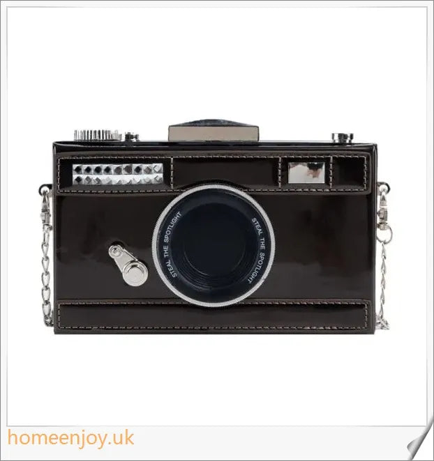 Camera Shaped Leather Glossy Single Shoulder Crossbody Bag in various colours, including red, green, black, silver, and coffee