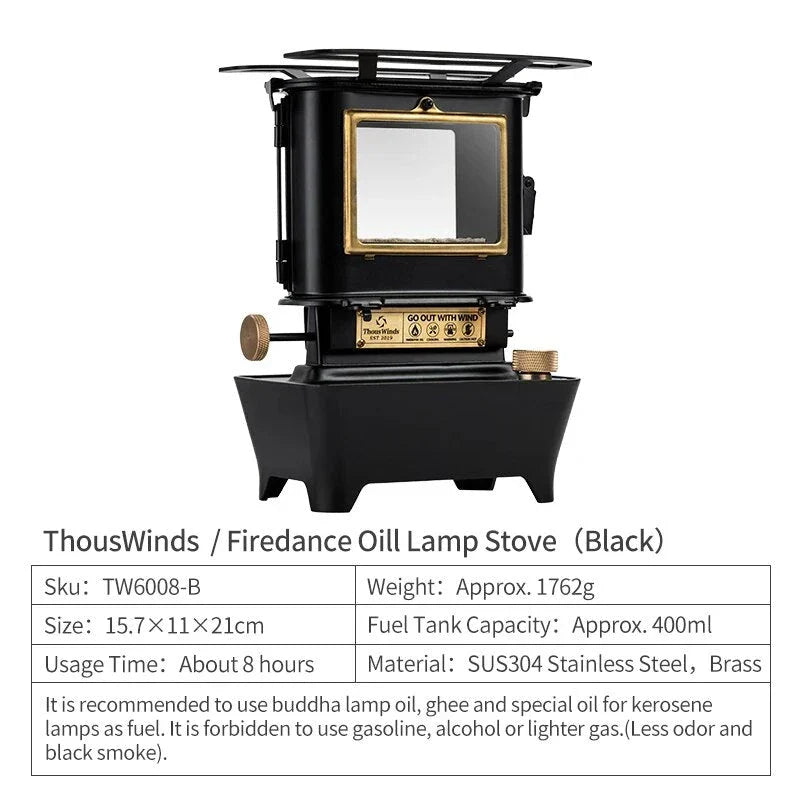 Portable retro oil lamp stove with a warm, flickering light for outdoor camping and picnics