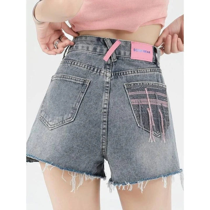 Women's casual high waist embroidered denim shorts in various sizes