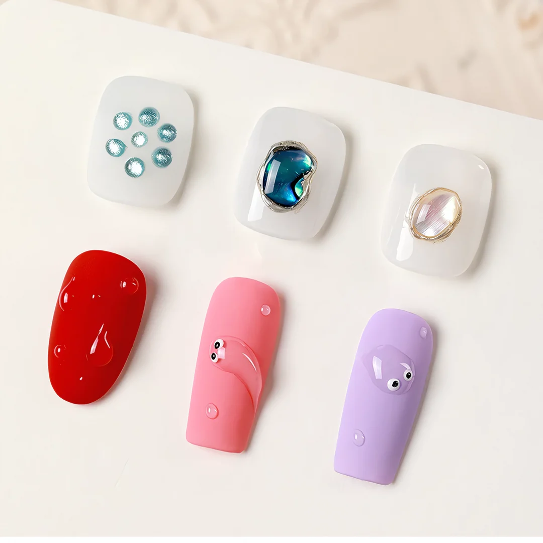 Close-up of nails with clear water drop wave gel, showcasing a sophisticated and unique nail art design