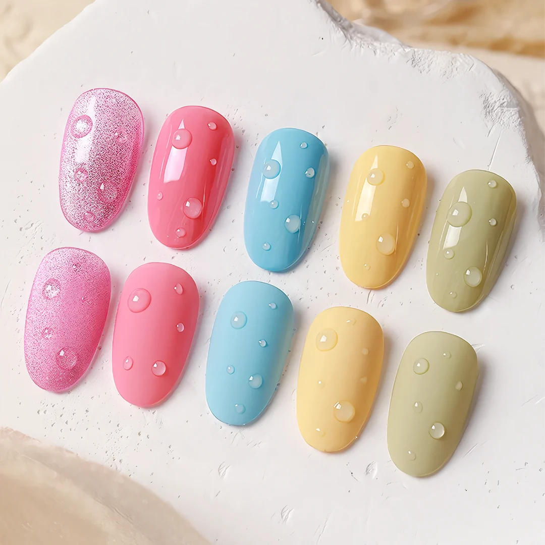 Close-up of nails with clear water drop wave gel, showcasing a sophisticated and unique nail art design