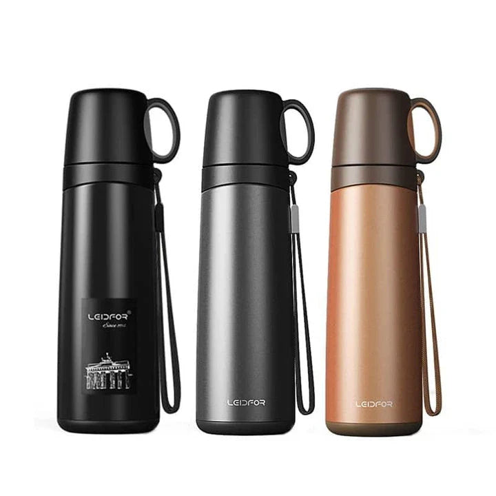 Premium business thermos with cup, made of stainless steel for long-lasting temperature retention and durable construction.