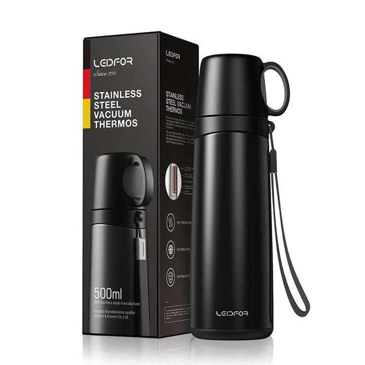 Premium business thermos with cup, made of stainless steel for long-lasting temperature retention and durable construction.