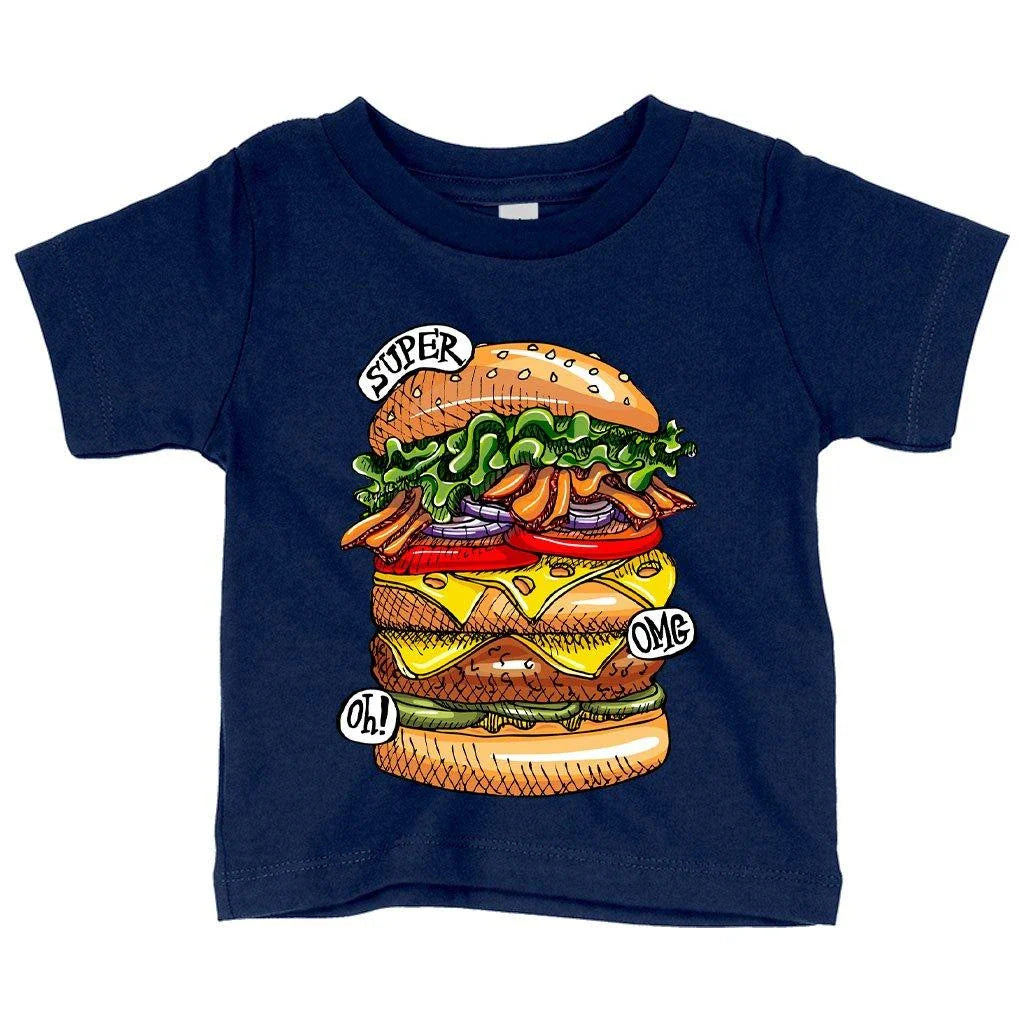 Adorable baby wearing a white t-shirt with a stylish burger design, perfect for food-loving tots