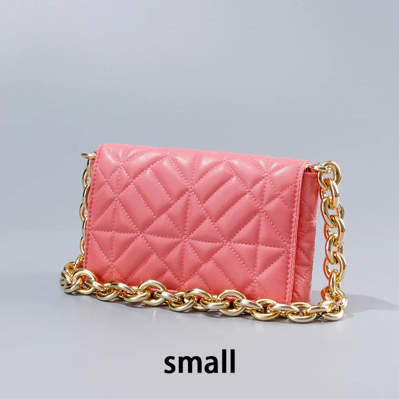 Lingge Small Bag in pink with a large gold chain, a stylish one-shoulder crossbody bag with a quilted design.