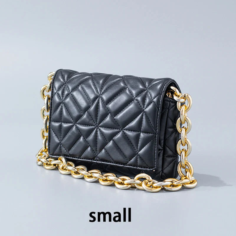 Lingge Small Bag in pink with a large gold chain, a stylish one-shoulder crossbody bag with a quilted design.