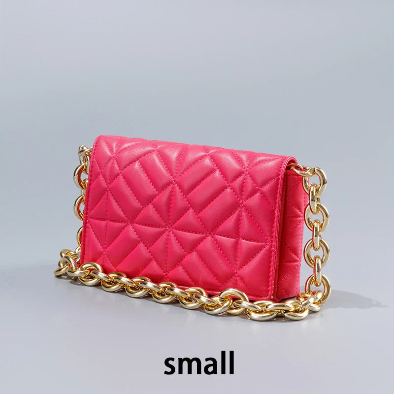 Lingge Small Bag in pink with a large gold chain, a stylish one-shoulder crossbody bag with a quilted design.