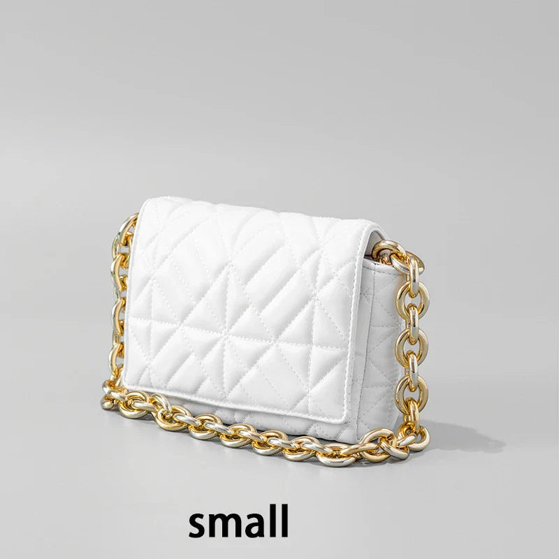 Lingge Small Bag in pink with a large gold chain, a stylish one-shoulder crossbody bag with a quilted design.