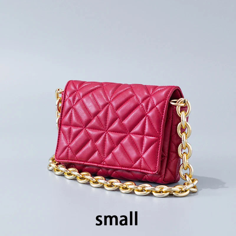 Lingge Small Bag in pink with a large gold chain, a stylish one-shoulder crossbody bag with a quilted design.