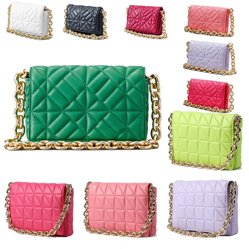 Lingge Small Bag in pink with a large gold chain, a stylish one-shoulder crossbody bag with a quilted design.