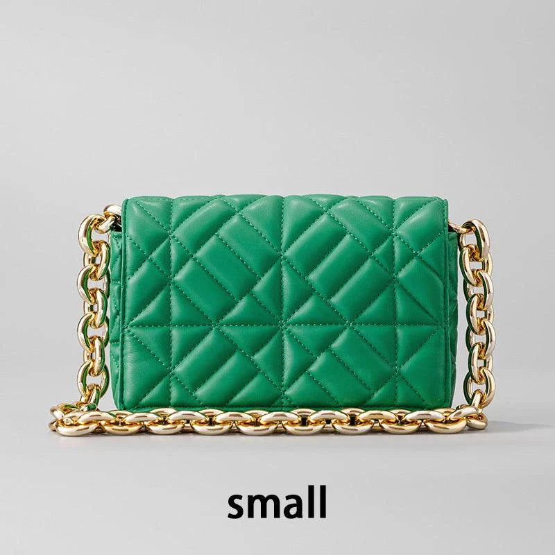 Lingge Small Bag in pink with a large gold chain, a stylish one-shoulder crossbody bag with a quilted design.