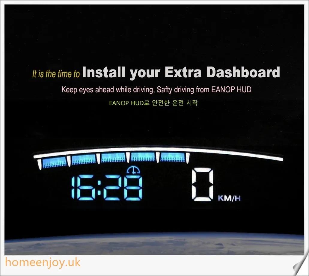 Eanop Hud Mirror 04 Car Head Up Display with OBD2 connection, windshield speed projection, and security alerts