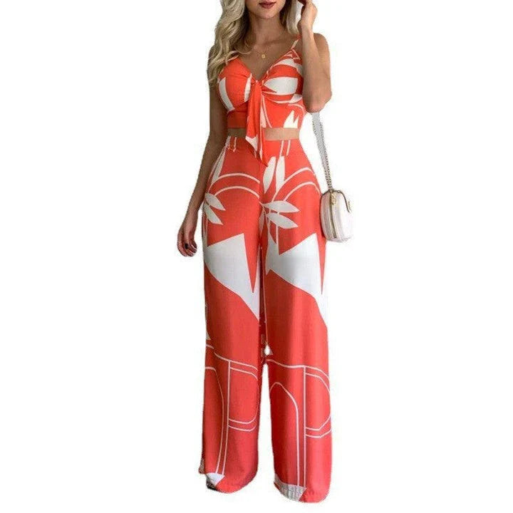 Stylish linen two-piece set with sleeveless V-neck vest and high-waist wide-leg pants in various colourways