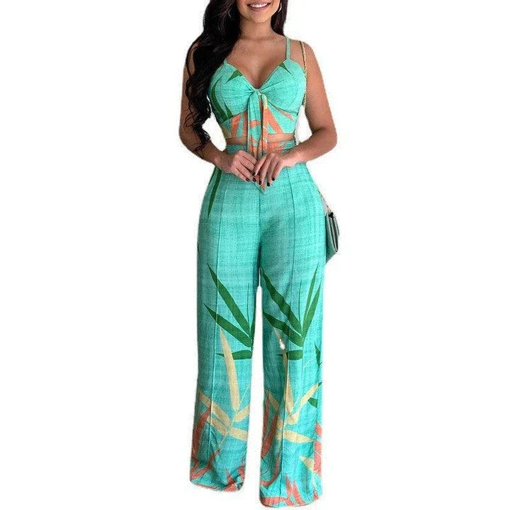 Stylish linen two-piece set with sleeveless V-neck vest and high-waist wide-leg pants in various colourways