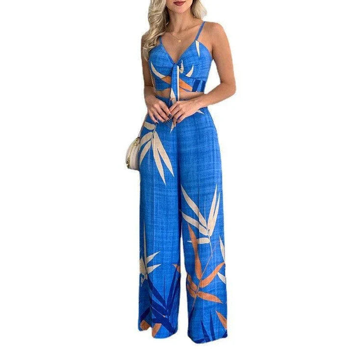 Stylish linen two-piece set with sleeveless V-neck vest and high-waist wide-leg pants in various colourways