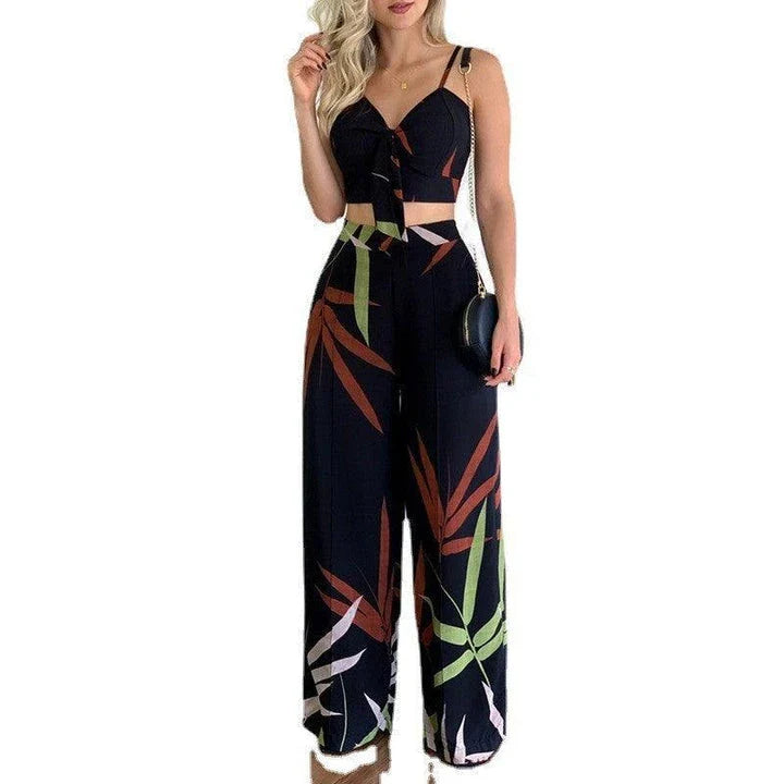 Stylish linen two-piece set with sleeveless V-neck vest and high-waist wide-leg pants in various colourways