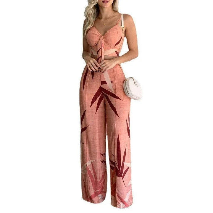 Stylish linen two-piece set with sleeveless V-neck vest and high-waist wide-leg pants in various colourways