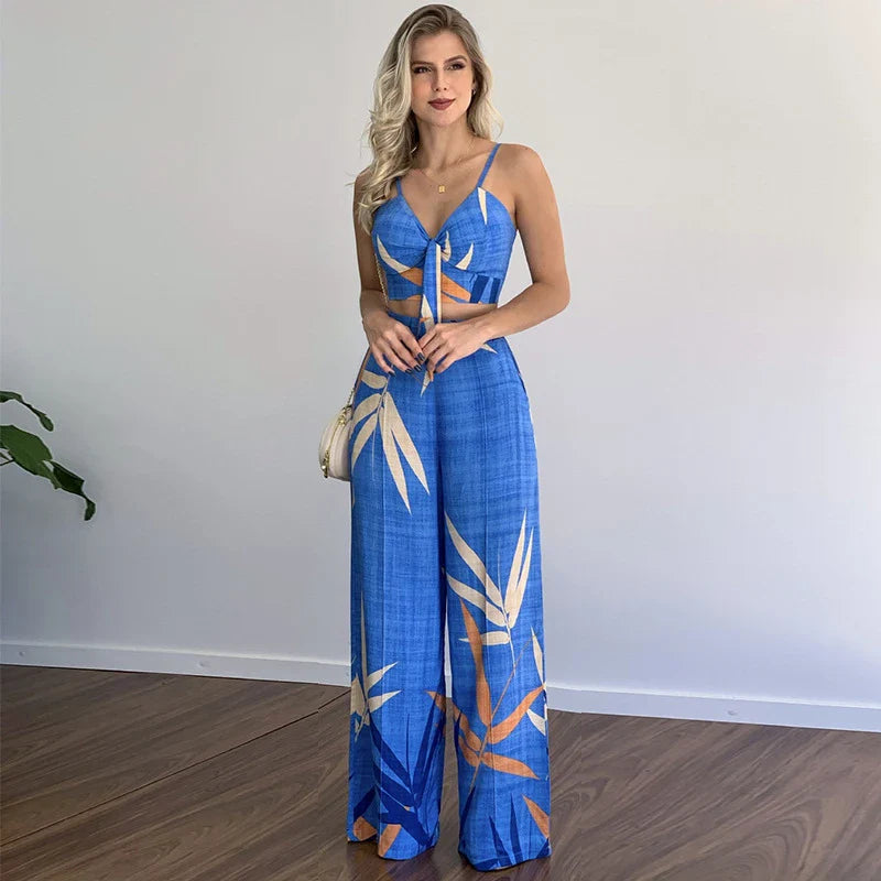 Stylish linen two-piece set with sleeveless V-neck vest and high-waist wide-leg pants in various colourways
