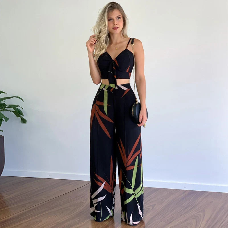 Stylish linen two-piece set with sleeveless V-neck vest and high-waist wide-leg pants in various colourways