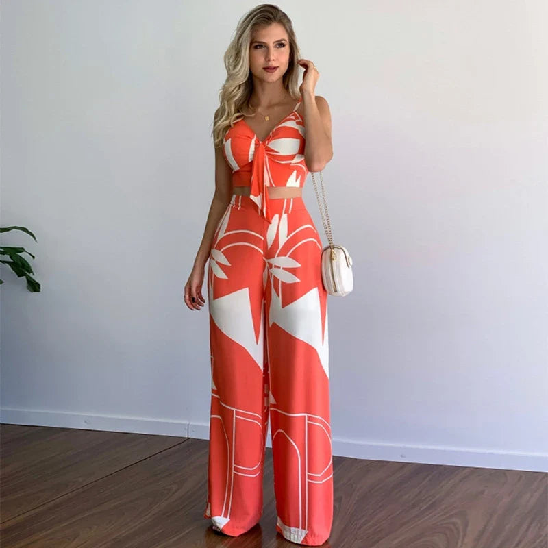 Stylish linen two-piece set with sleeveless V-neck vest and high-waist wide-leg pants in various colourways