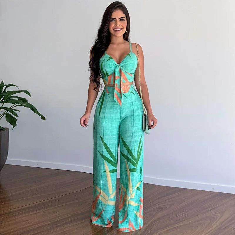 Stylish linen two-piece set with sleeveless V-neck vest and high-waist wide-leg pants in various colourways