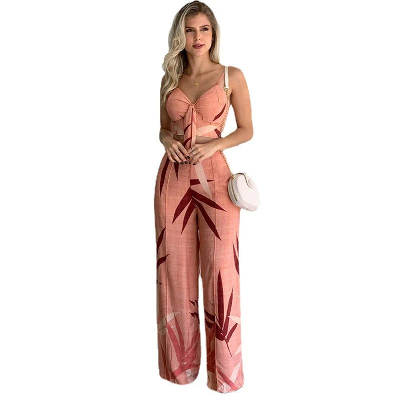Stylish linen two-piece set with sleeveless V-neck vest and high-waist wide-leg pants in various colourways