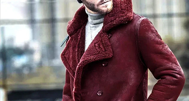Men's fur coat padded jacket in black, brown, and wine red colours with collage and stitching details