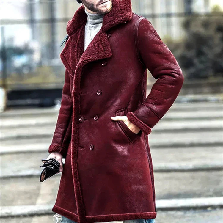 Men's fur coat padded jacket in black, brown, and wine red colours with collage and stitching details