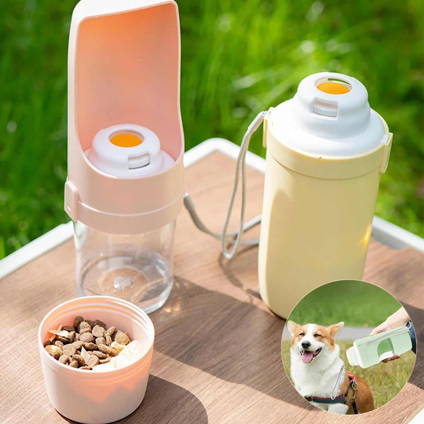 Portable 2-in-1 travel dog water bottle and feeder with lanyard, suitable for outdoor activities with pets