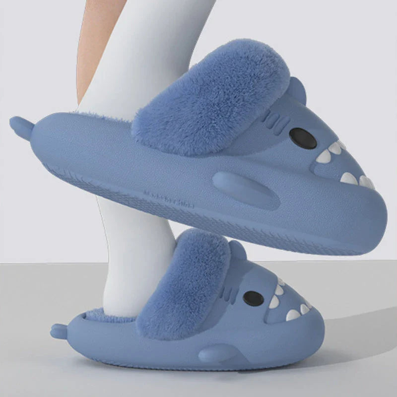 Cozy shark-inspired slippers with plush material and durable EVA soles for comfortable indoor and outdoor wear