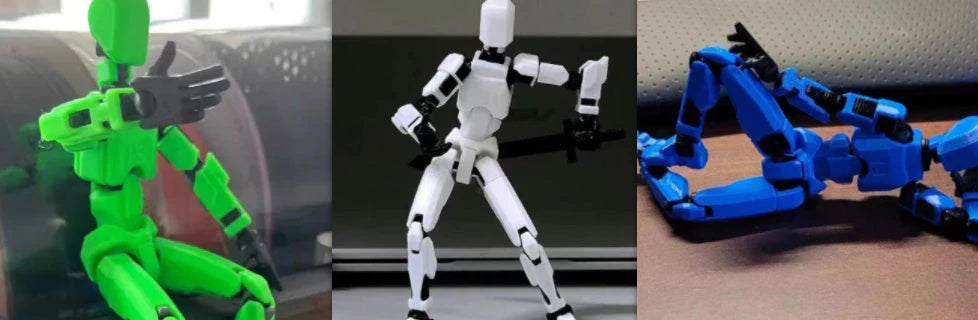 Customizable 3D printed multi-jointed action figure robot toy in various vibrant colors