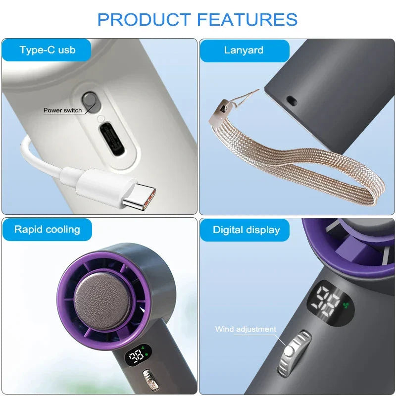 Powerful portable handheld turbine fan with cooling system, adjustable airflow, long-lasting battery, and compact design for on-the-go refreshment.