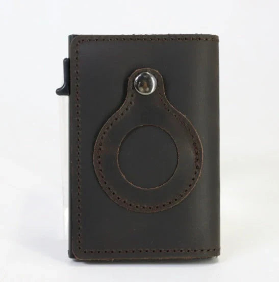 Premium leather wallet with built-in AirTag pocket and RFID blocking technology for secure everyday carry