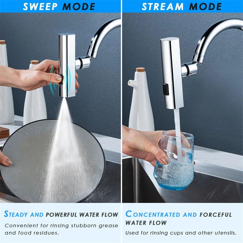 Premium waterfall kitchen faucet with versatile water modes, including waterfall, strong pressure, scraper, and gentle shower settings