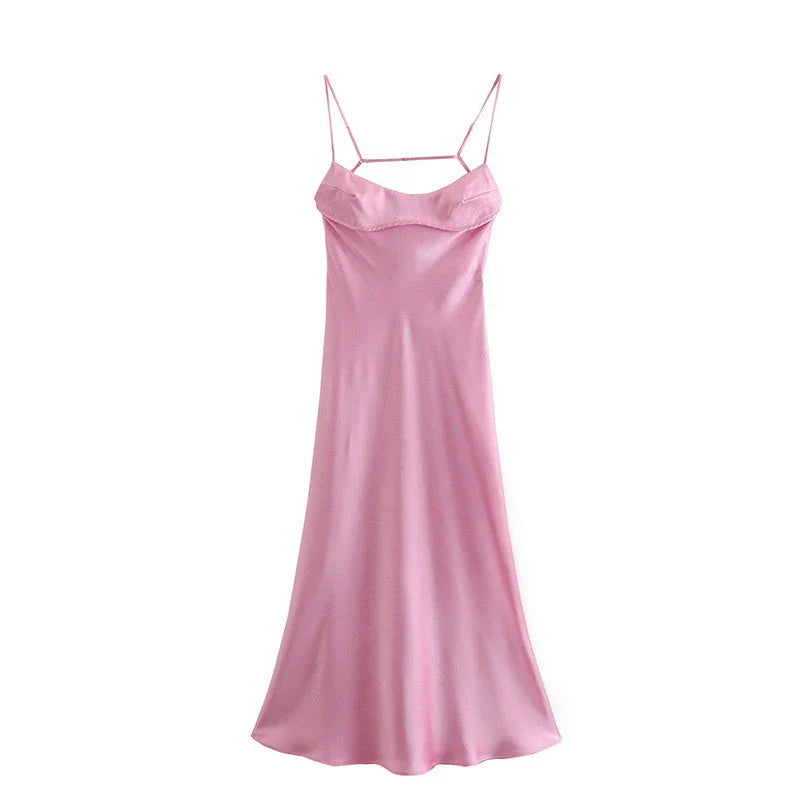 Elegant satin slip dress in pink with a square neckline, sleeveless design, and backless detail