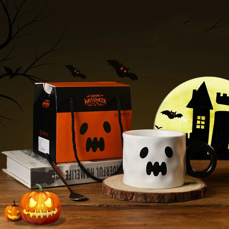 Festive pumpkin-themed ceramic mugs in orange and white colors, perfect for Halloween celebrations and enjoying hot or cold beverages