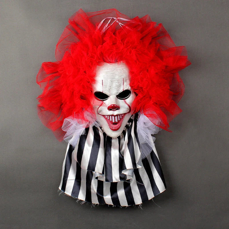 Spooky Halloween clown wreath with vibrant red clown face design, perfect for adding eerie charm to your home