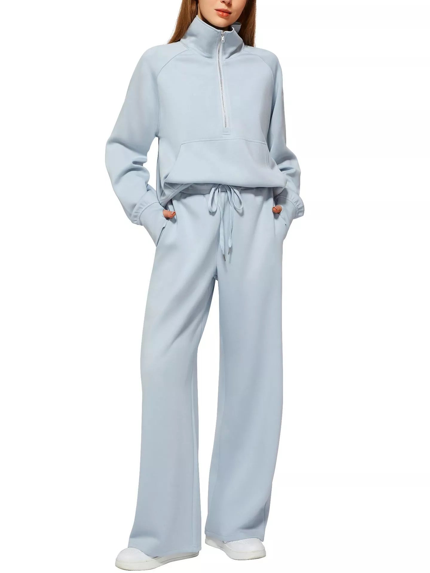 Women's solid colour long-sleeved sweater trousers suit in polyester, available in multiple colours and sizes.