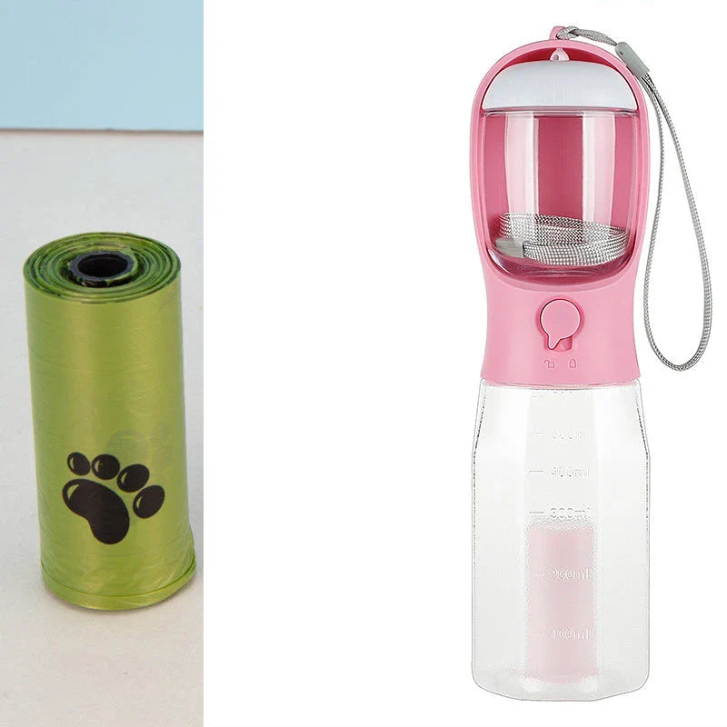 Multifunctional pet water bottle with built-in poop bag dispenser, available in turquoise, pink, and white colors