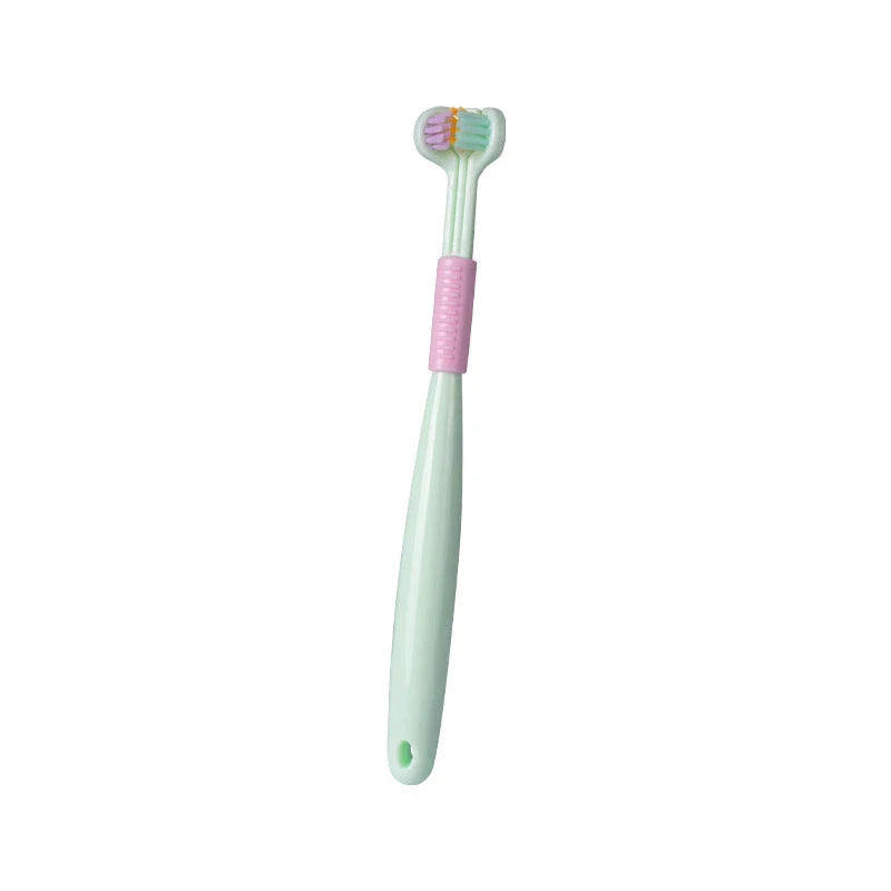 A soft bristle toothbrush with a unique triple-sided brush head for deep cleaning and customizable bristle firmness.