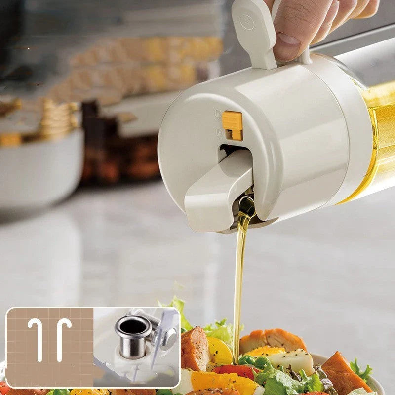 Versatile glass oil sprayer bottle with pouring and spraying modes, automatic opening, and heat-resistant construction