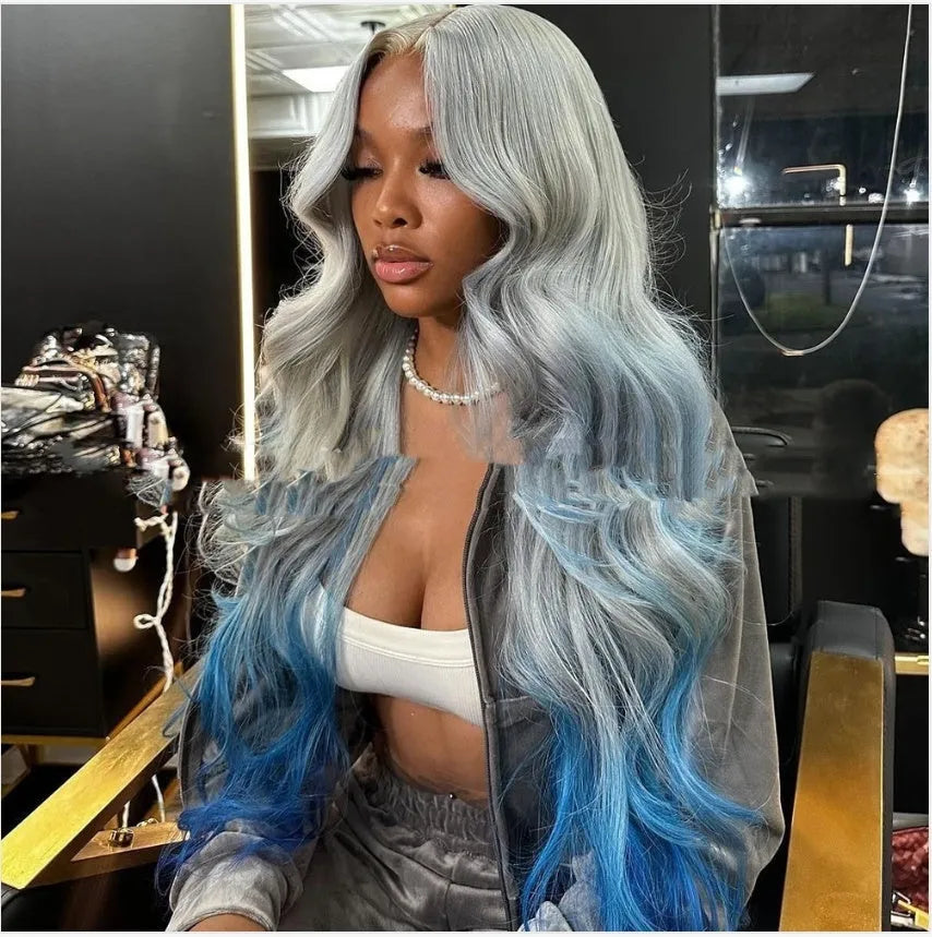 Grey blue ombre lace front wig on a mannequin head, showing long gradient hair and 4x4 lace base.