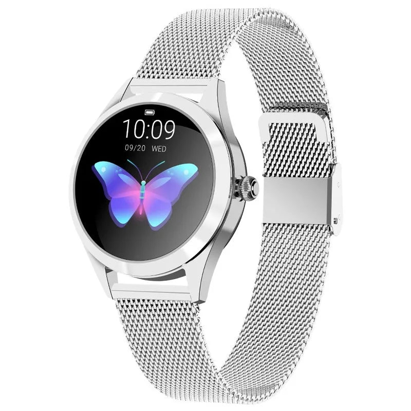 Women's sports smartwatch showing heart rate monitoring and available in black, rose gold, silver, or white colours.