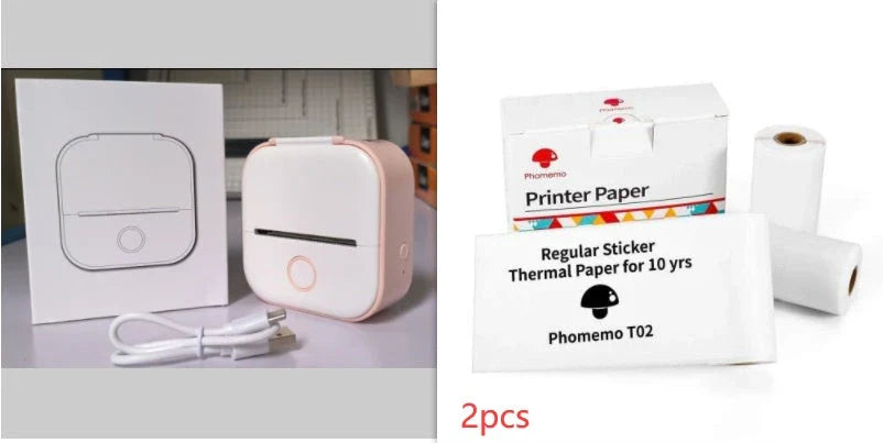 Compact Bluetooth-enabled thermal label printer in white, pink, and green colors with various label options